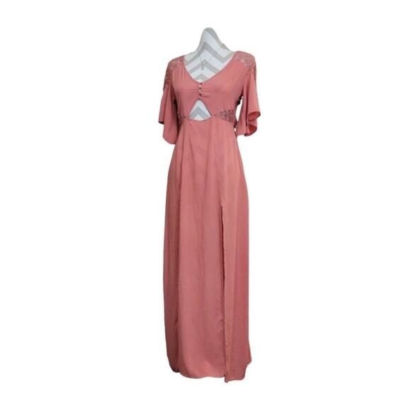 Tobi Coral Pink Lace Cuttout Button Front Accent Sheere Back Slit Maxi Dress S - Picture 1 of 15